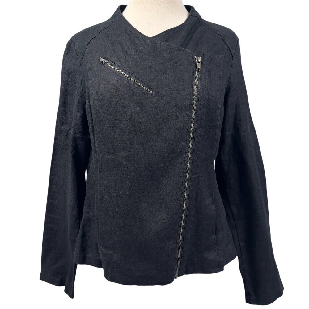 Neiman Marcus 100% Linen Jacket Womens Size 10 Black Asymmetrical Moto Biker